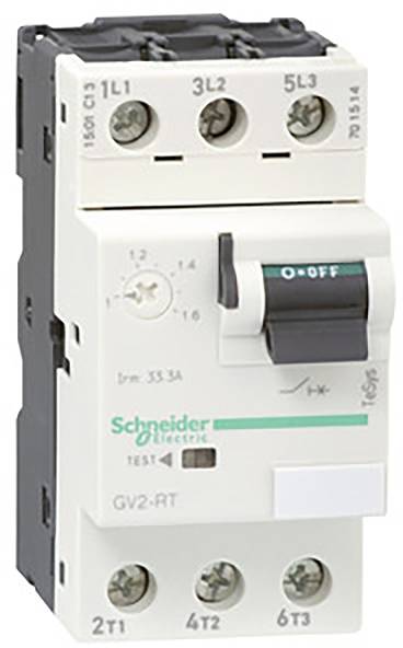 Schalter im Nahaufnahmebild, mit Beschriftungen 'Schneider Electric' und 'ON/OFF', geeignet für elektrische Steuerungen und Schutz.