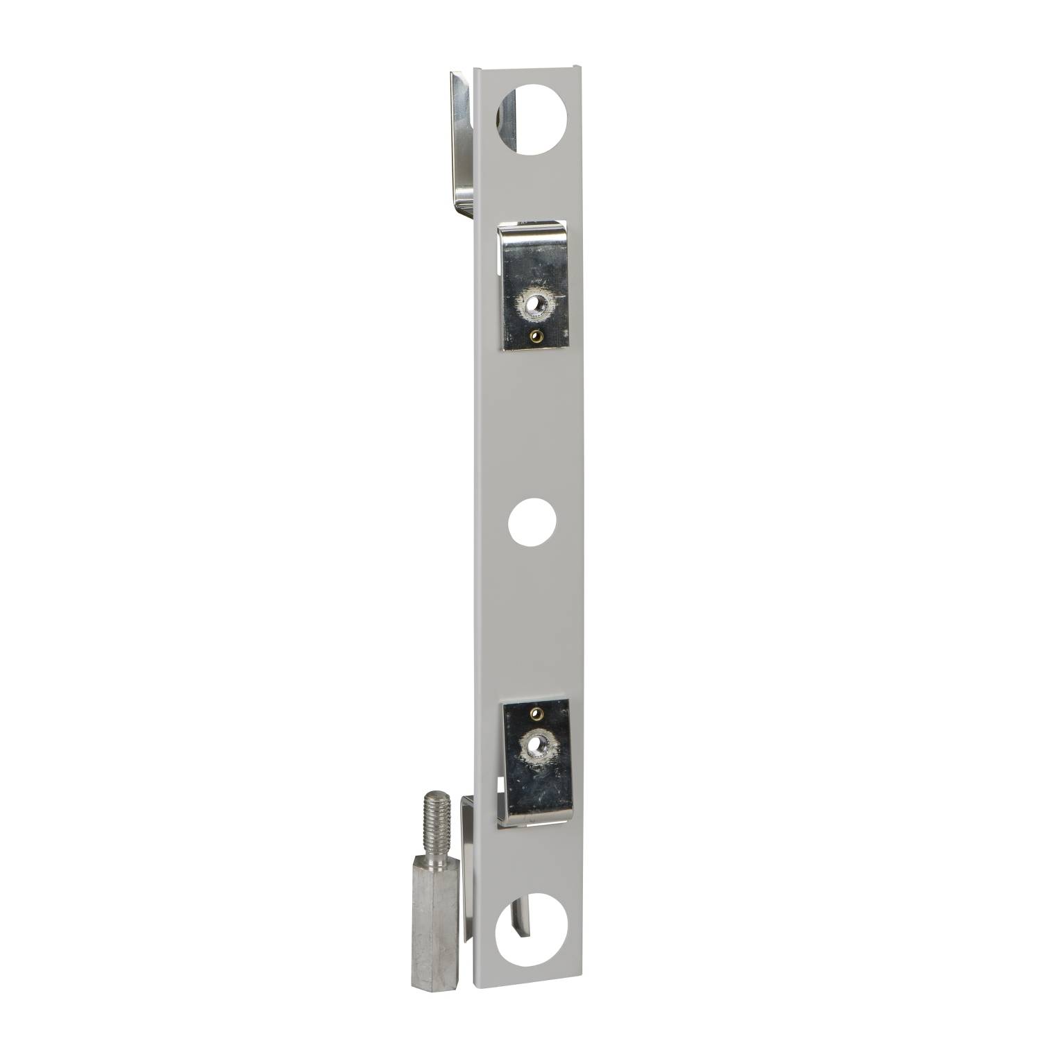 Metallstange mit rechteckigen Aussparungen und Schraubenhalterungen, möglicherweise Teil einer Tür- oder Fensterverriegelung.