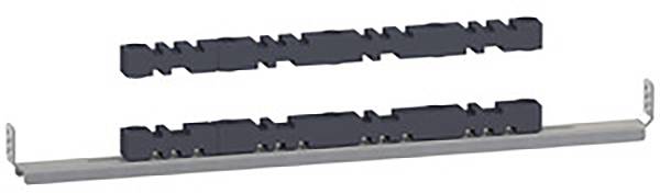 Ein zweireihiger schwarzer Kabelkanal mit Metallhalterung, möglicherweise zur Organisation von Kabeln auf einem Schreibtisch oder in einem Schrank.