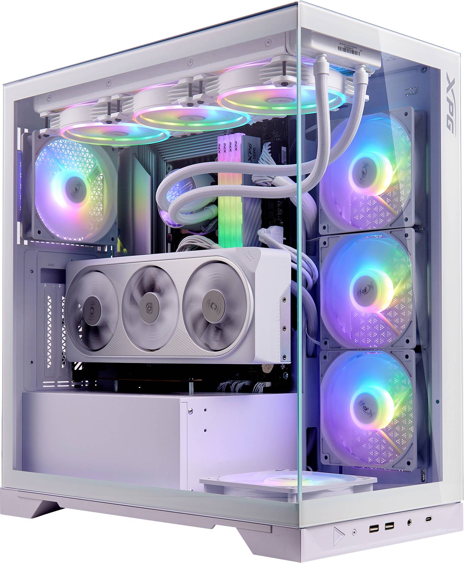 Ein weißer Computergehäuse mit durchsichtiger Seite zeigt bunte LED-beleuchtete Lüfter und einen prägnanten Kühler im Inneren.