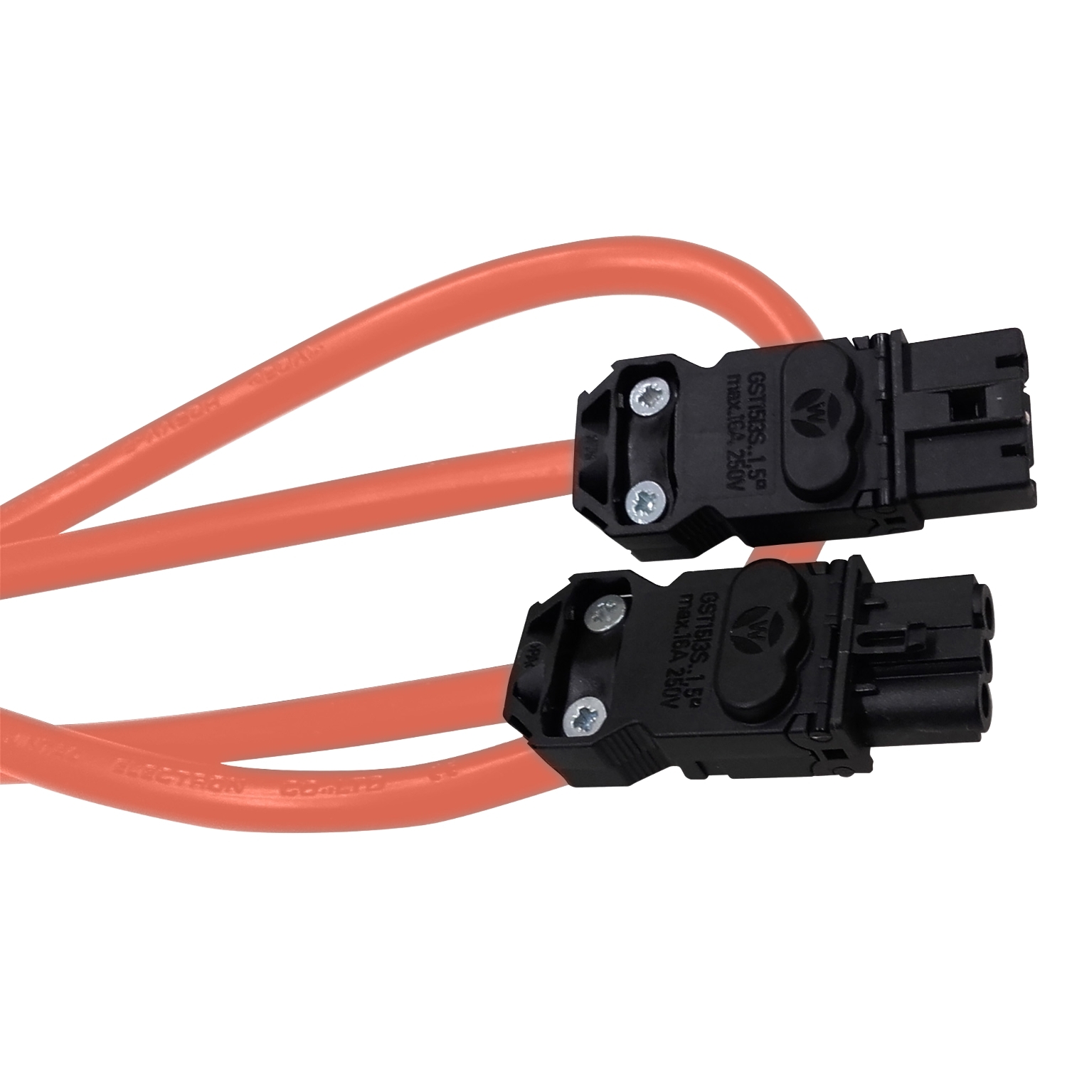 Ein orangefarbenes, doppelt abgewinkeltes Elektronikkabel mit zwei schwarzen Steckverbindungen an beiden Enden, geeignet für industrielle Anwendungen.