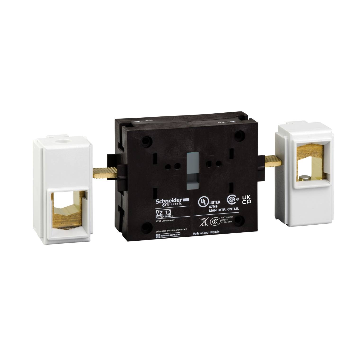 Ein schwarzes elektrisches Modul von Schneider Electric mit weißen Endkappen, geeignet für industrielle Anwendungen.