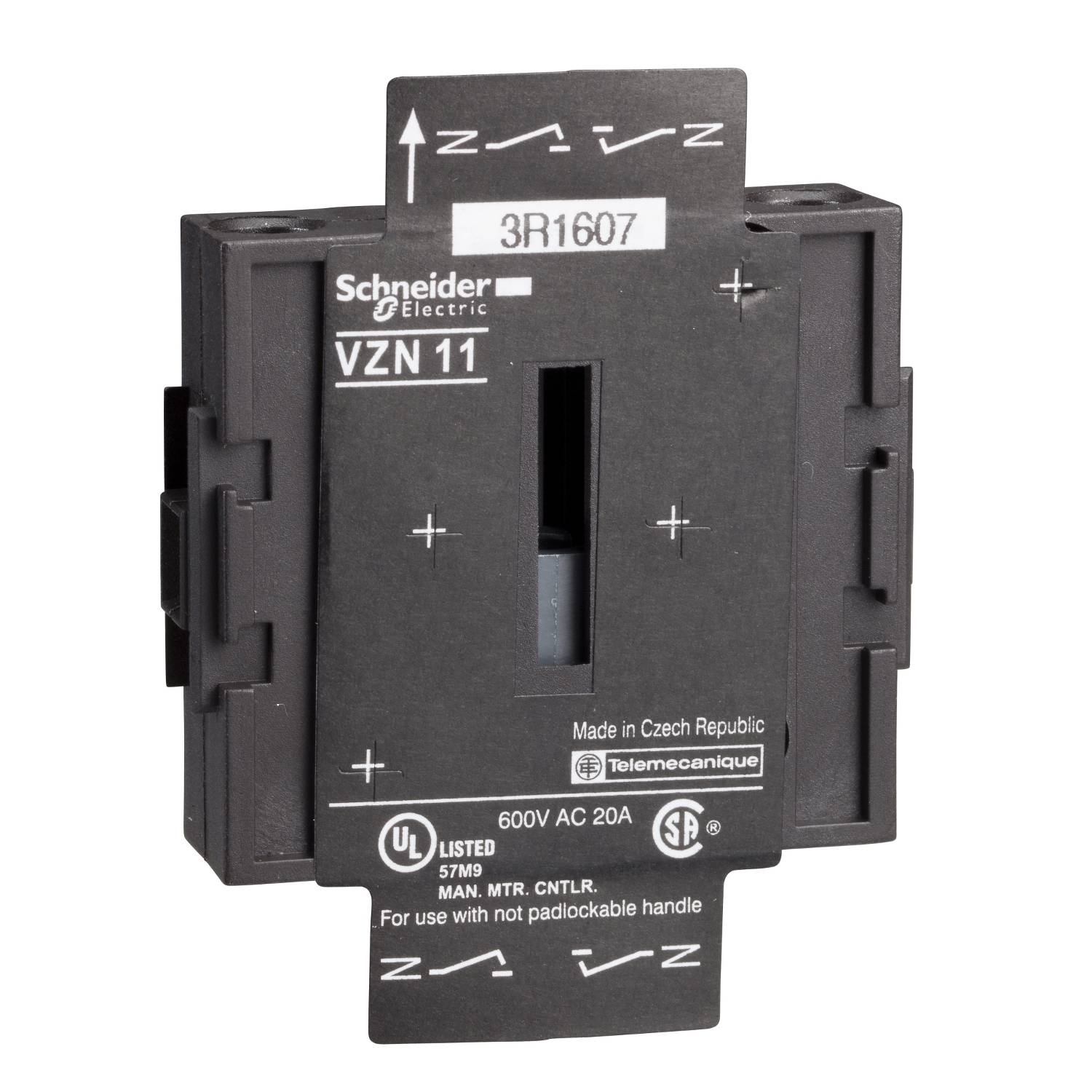 'Schneider Electric VZN 11', schwarzer elektrischer Schalter, 600V AC 20A, hergestellt in Tschechien.
