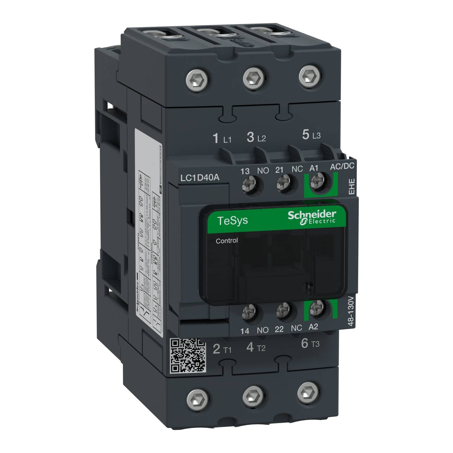 Ein schwarzer Leistungsschalter der Marke Schneider Electric, Modell TeSys, mit sichtbaren Anschlussklemmen und einem QR-Code.