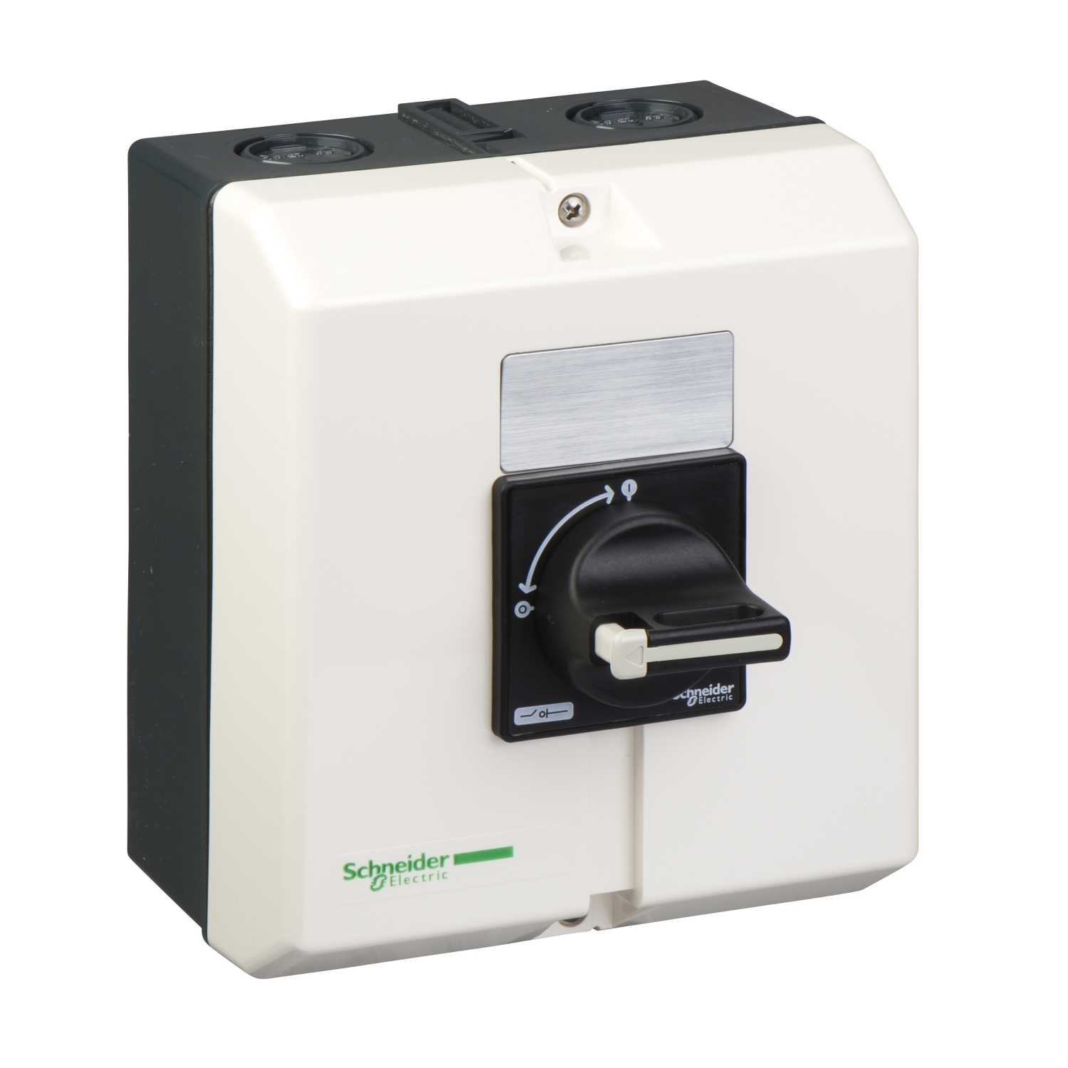 Ein rechteckiger elektrischer Schalter mit einem Drehknauf in der Mitte. Markenname 'Schneider Electric' unten links aufgedruckt.