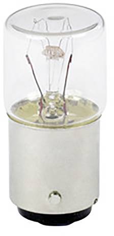 Eine einzelne Glühlampe mit einem metallischen Sockel, transparentem Glasgehäuse und sichtbarem Filament.