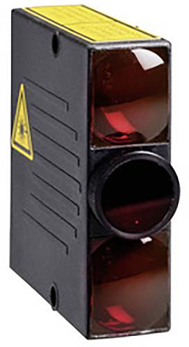 Ein rechteckiger Sensor mit zwei roten Linsen, einem gelben Warnaufkleber auf der Oberseite und gerillten Seiten für bessere Griffigkeit.