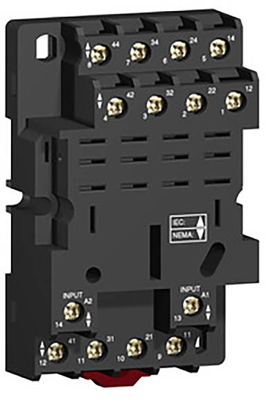 Ein schwarzer elektrischer Sockel mit mehreren nummerierten Anschlüssen und metallenen Kontakten, zur Befestigung von elektrischen Komponenten.