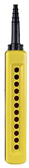 Gelbes Steuerpult mit schwarzen Knöpfen in einer Reihe. Oben befindet sich ein schwarzer Griff für die Bedienung.
