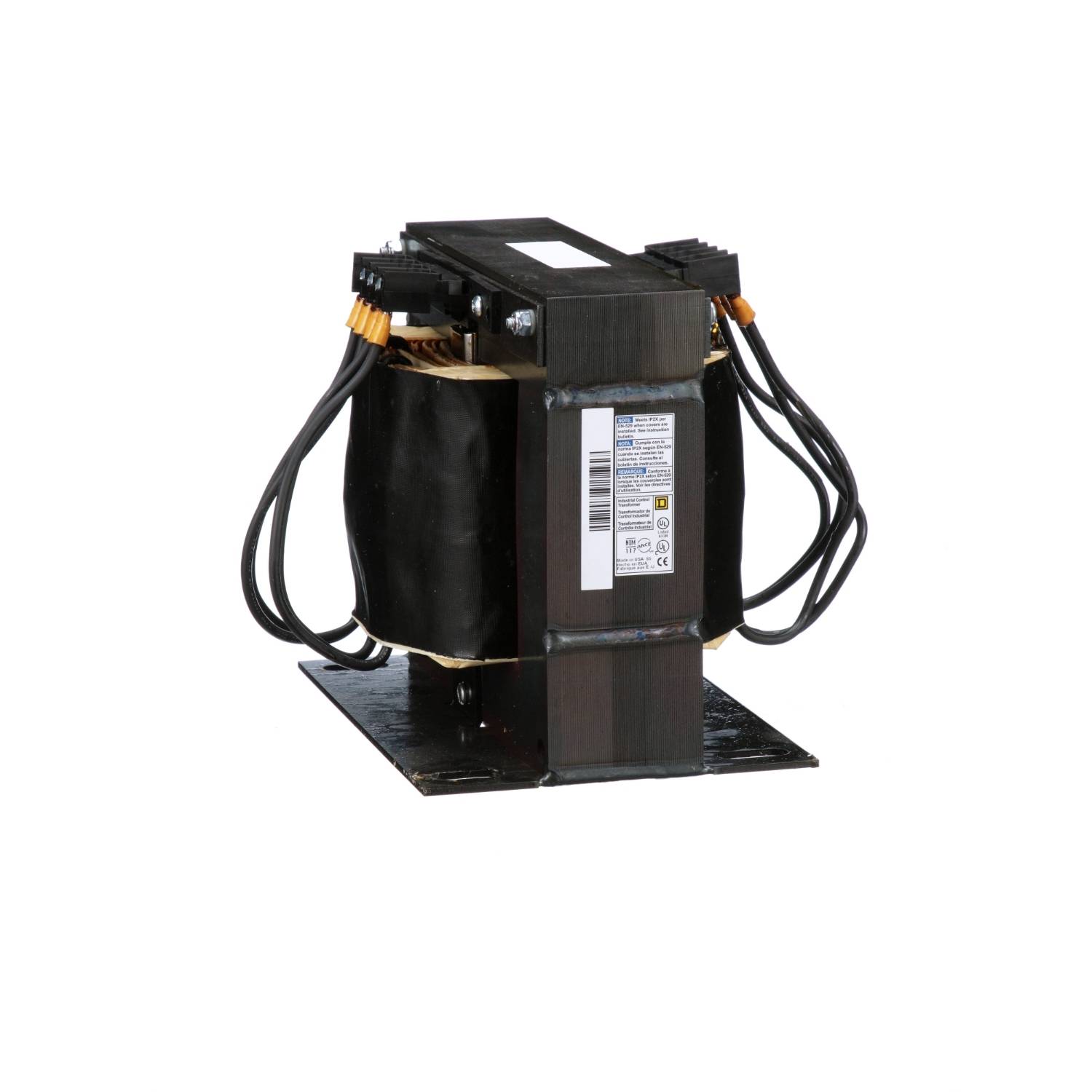 Ein elektrischer Transformator in quadratischer Form mit mehreren Kabeln; wird zur Umwandlung von Spannungen verwendet.