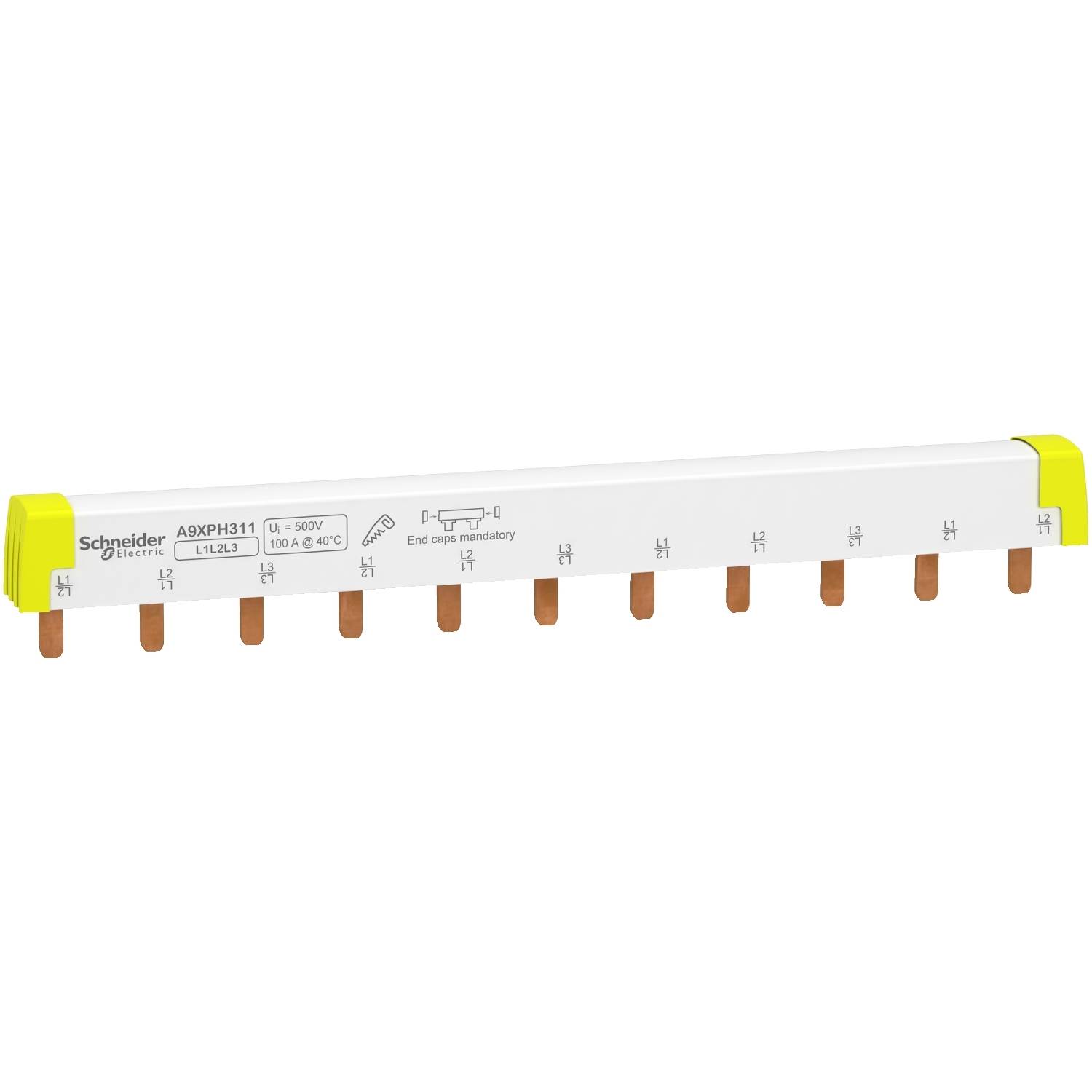 Schienenverbinder von Schneider Electric für die Stromverteilung. Weiß mit braunen Kupferanschlüssen und gelben Enden. Modellnummer A9XPH311.