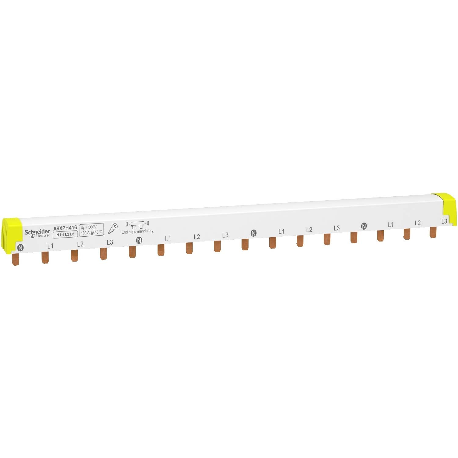 18-polige Phasenschiene von Schneider Electric, Modell A9XPH618. Verteilt elektrische Phasen L1, L2, L3 für Schutzschalter.