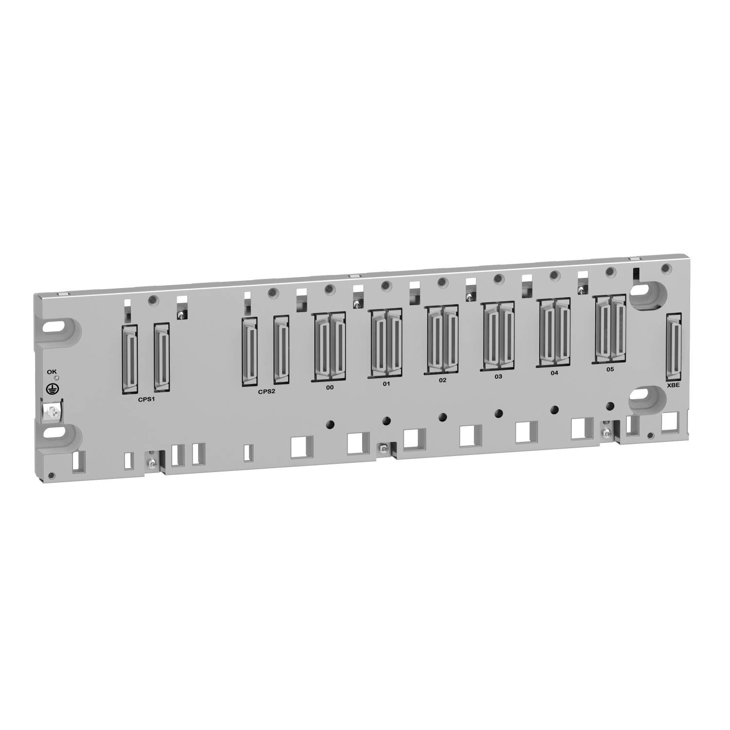 Metallische Montageschiene mit mehreren Steckplätzen für elektronische Bauteile, ohne sichtbare installierte Komponenten.