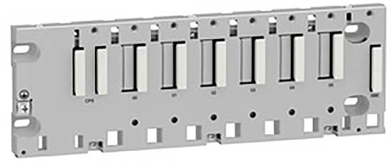 Ein graues Rack mit mehreren Schlitzen zur Montage von elektrischen Bauteilen, geeignet für industrielle Anwendungen.