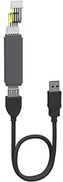 Ein USB-Kabel mit Stecker und eine kleinere Schnittstelle am anderen Ende, die für spezielle elektronische Verbindungen gedacht ist.