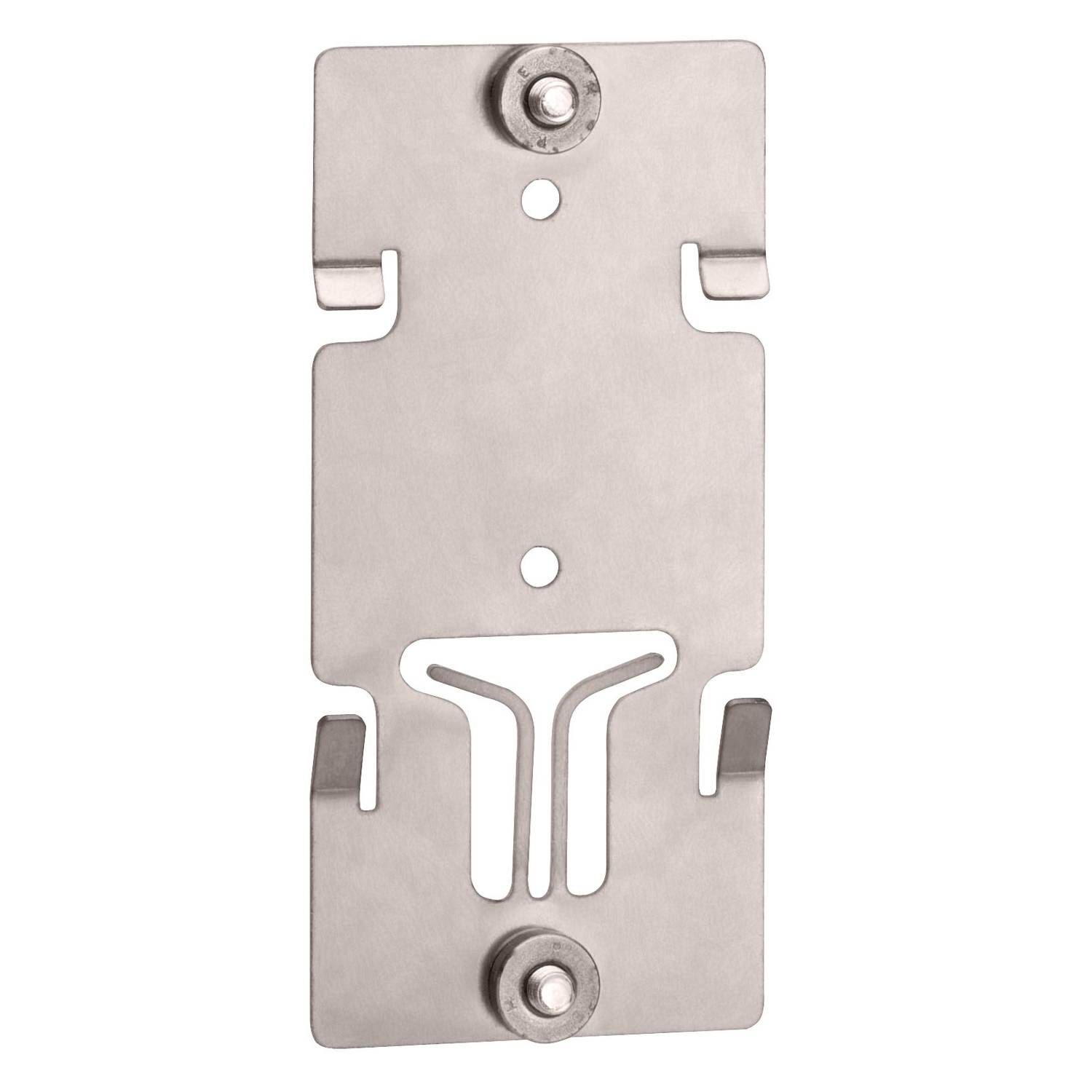 Metallbeschlag mit Haken und Schrauben. Verwendet zur Wandmontage von Geräten oder Gegenständen. Rechteckige Form mit abgerundeten Kanten.