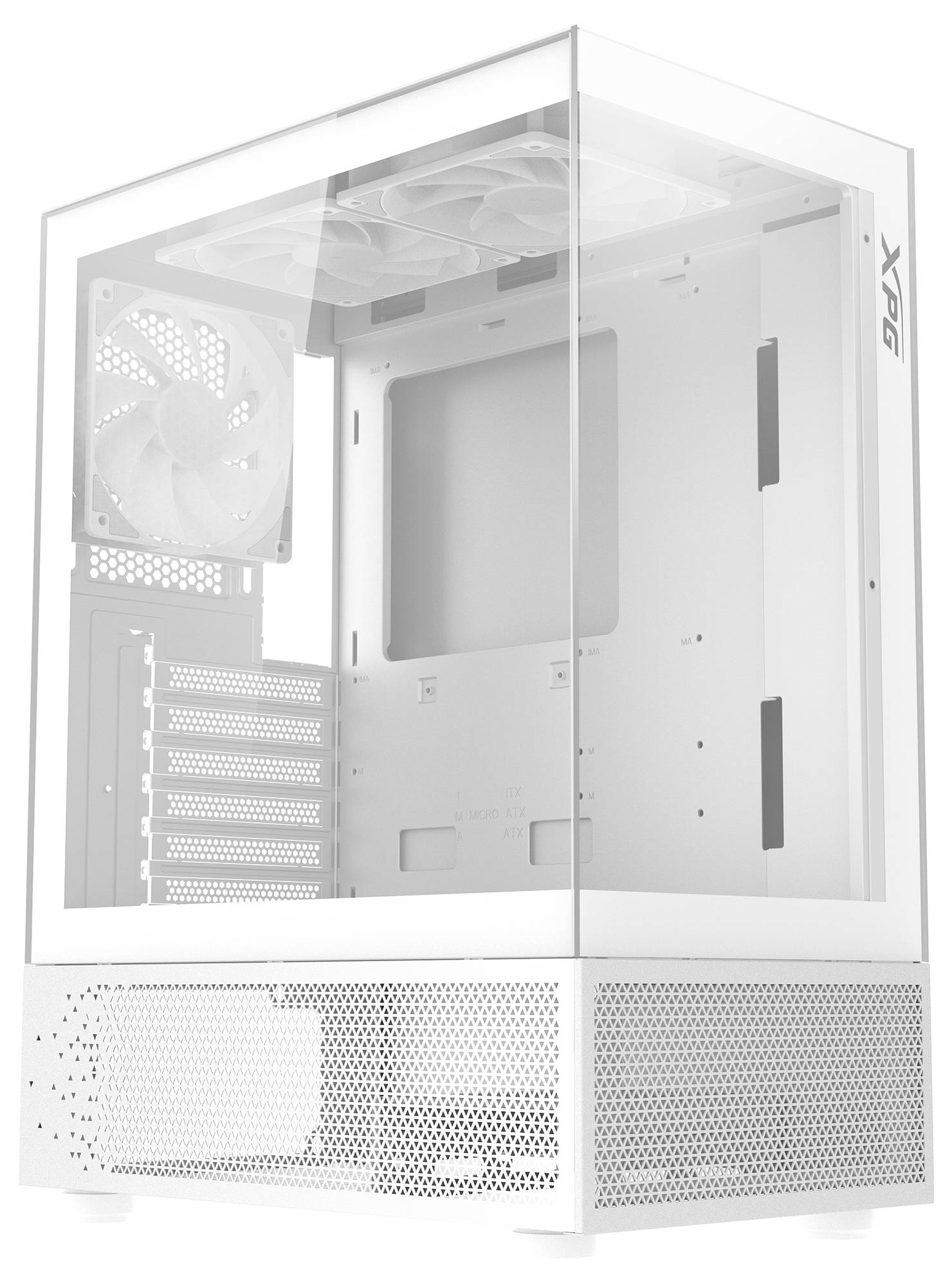 Mainboardgehäuse in weiß, leer, mit transparenten Seitenwänden. Rückwärtiger Lüfter sichtbar. Geeignet für PC-Bauprojekte.