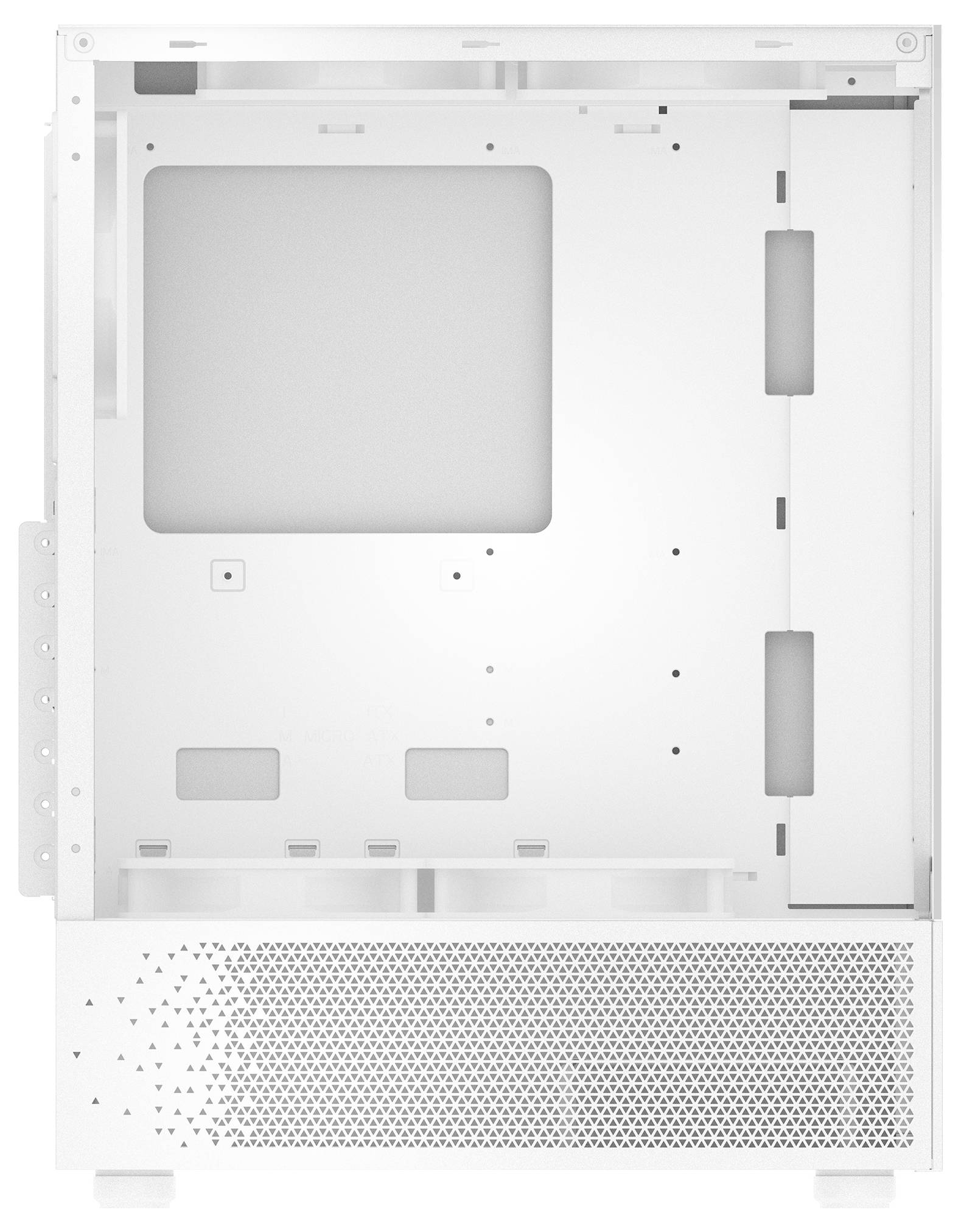 Metallisches Computergehäuse, Front- und obere Abdeckung entfernt. Sicht auf Innenraum mit Platz für Hauptplatine, Festplatten, Lüfter.