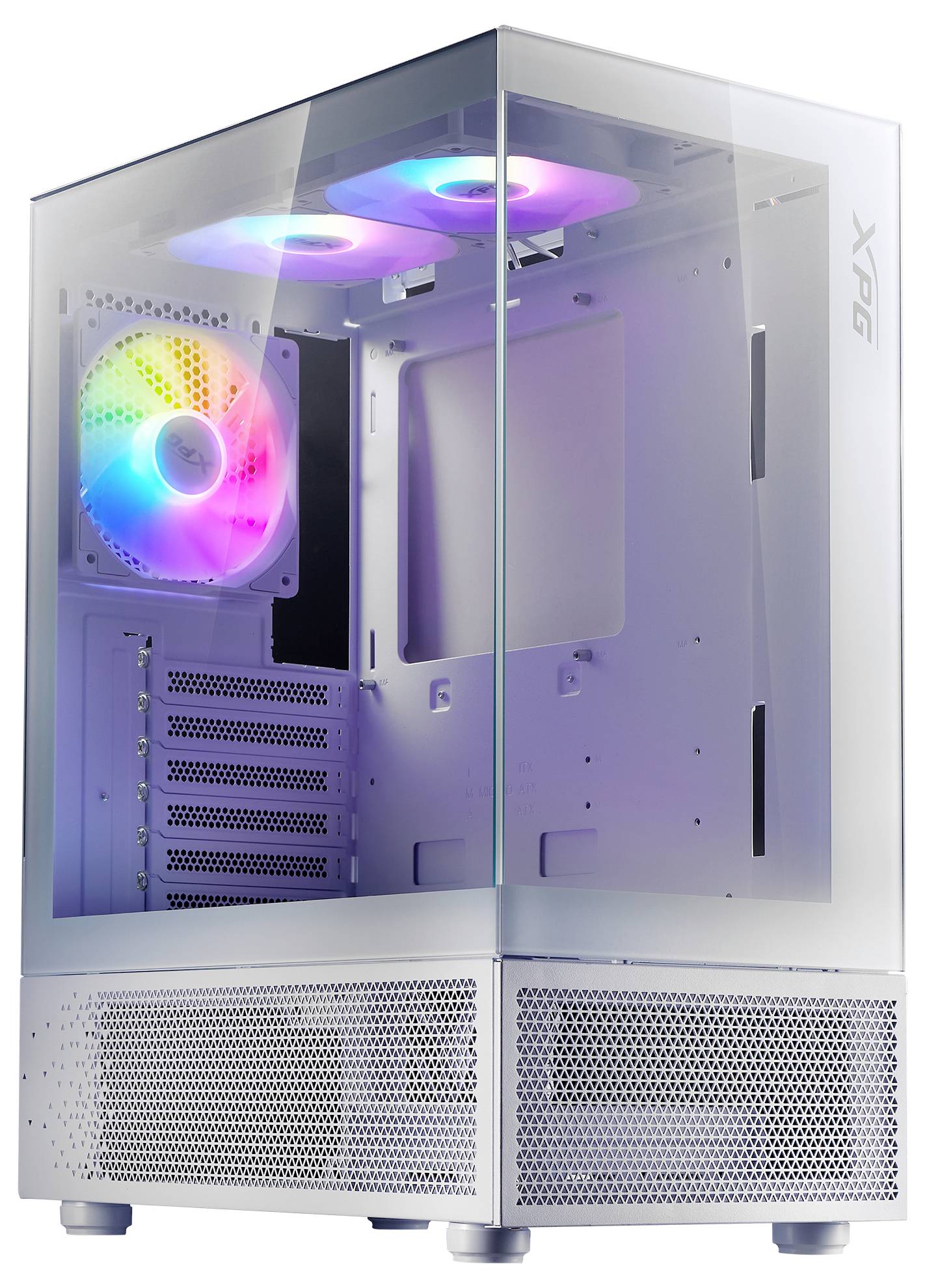 Ein transparentes Computergehäuse mit zwei RGB-Lüftern an der Oberseite und einem an der Rückseite, leuchtet in verschiedenen Farben.