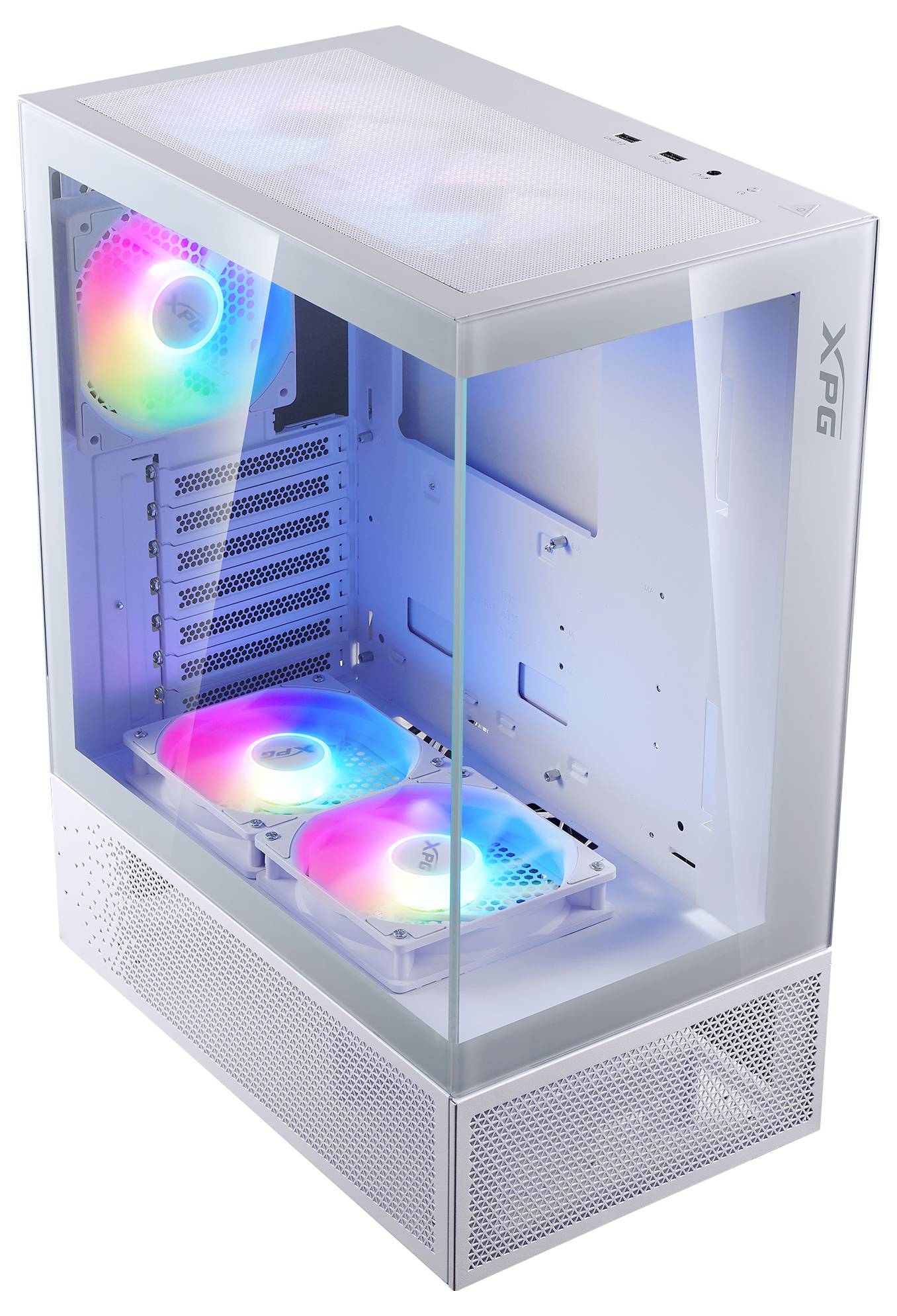 PC-Gehäuse mit Glasseiten, beleuchtet von RGB-Lüftern. Die Lüfter leuchten in verschiedenen Farben. Moderne, minimalistische Ästhetik.