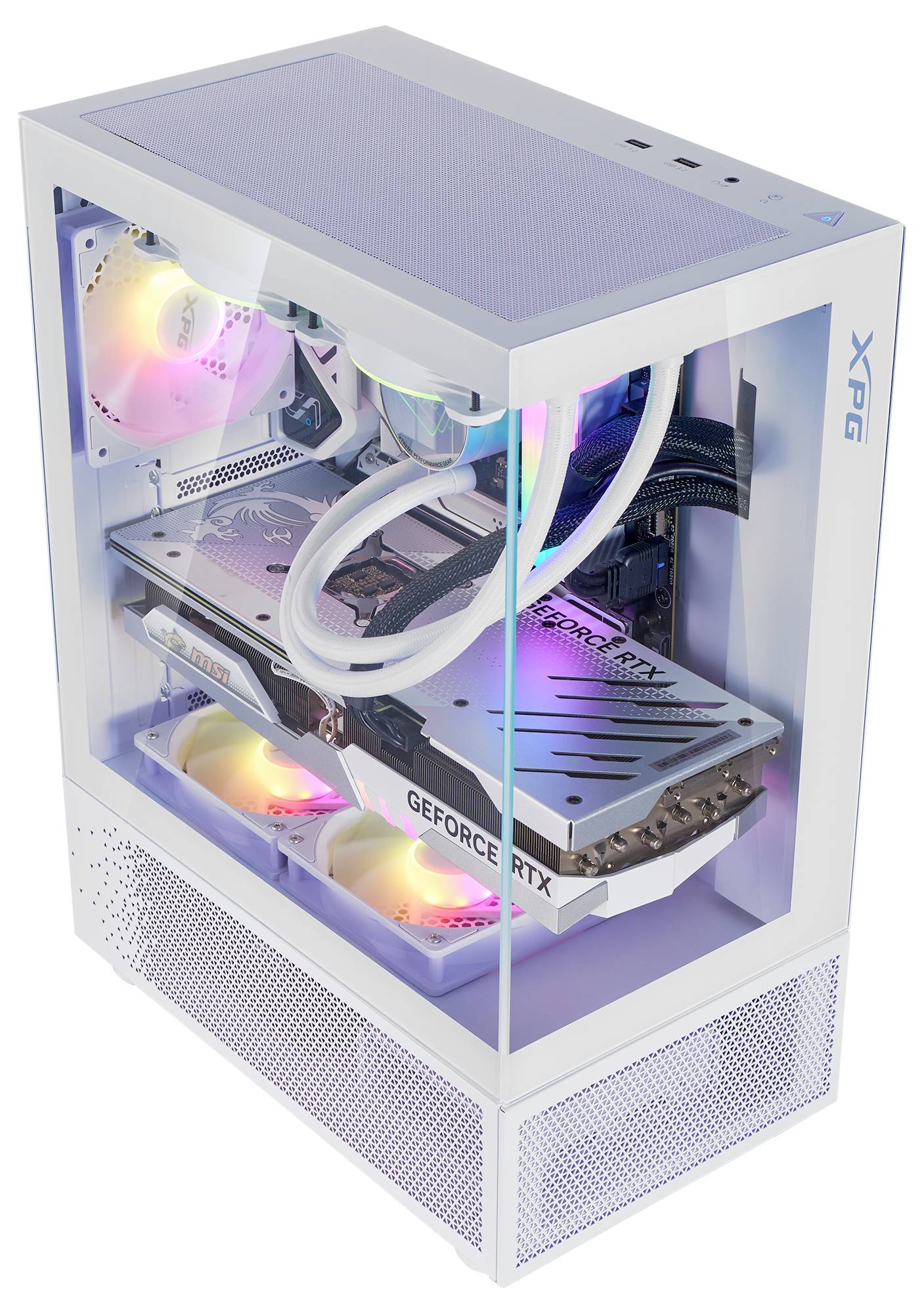 Ein weißer Gaming-PC mit beleuchteten Komponenten. Sichtbare GeForce-RTX-Grafikkarte, Wasserkühlung und bunte LED-Lichter.