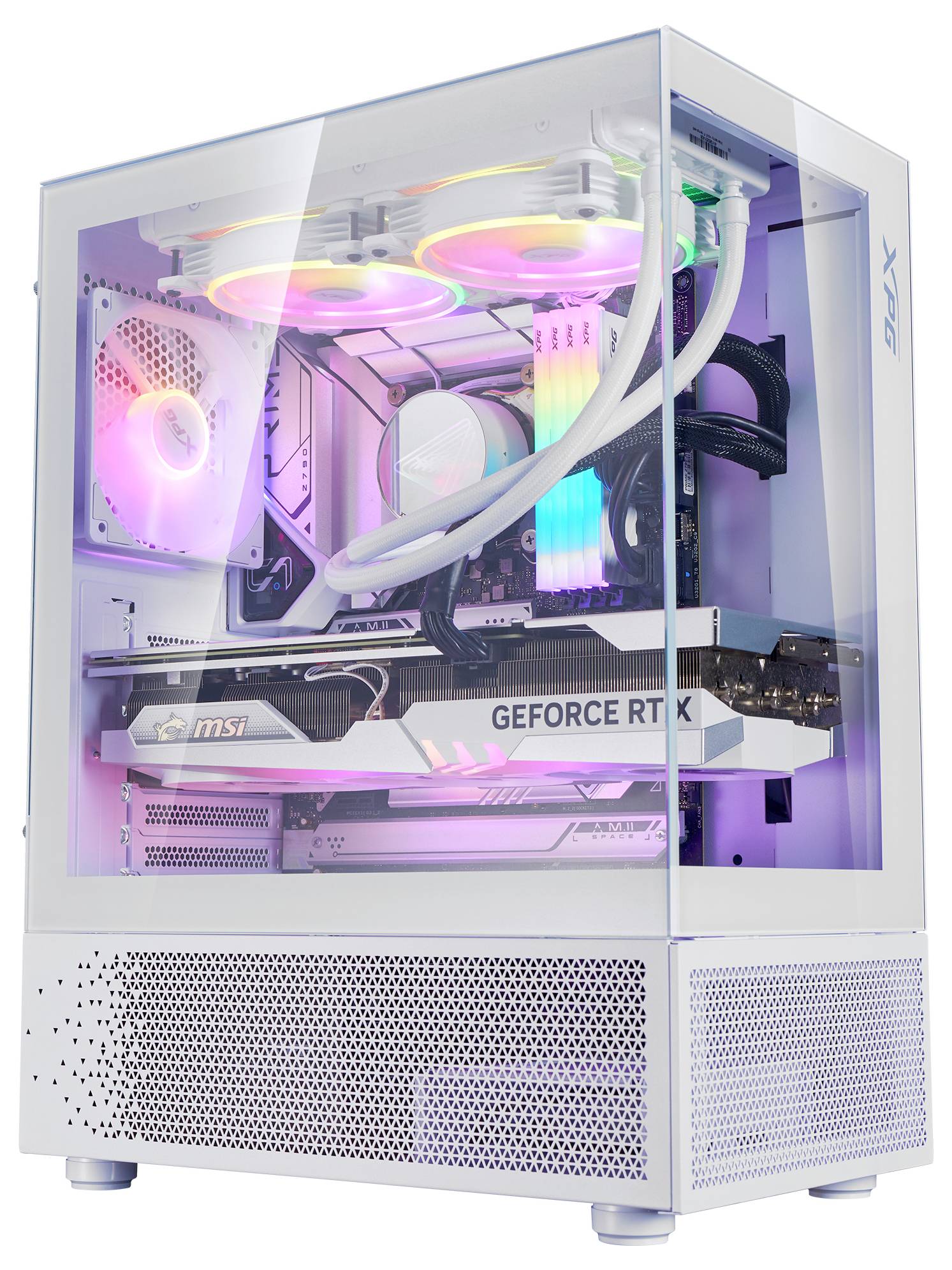 Ein moderner Gaming-PC mit transparentem Gehäuse zeigt leuchtende, bunte LED-Lichter an Lüftern und Komponenten.