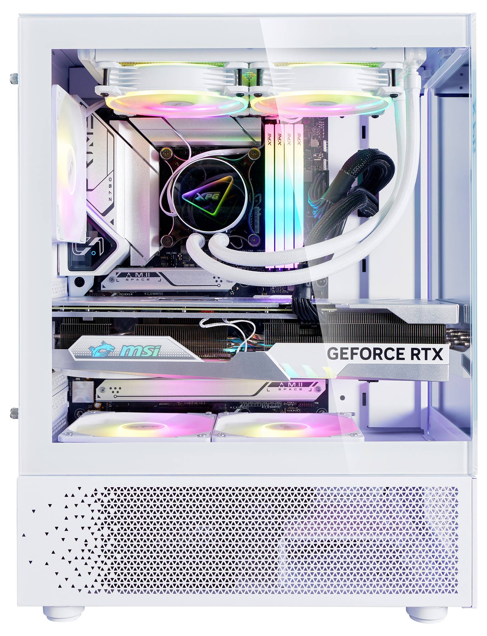 Ein offener weißer Computer mit transparentem Gehäuse zeigt leuchtende RGB-Komponenten: Mainboard, Grafikkarte und Lüfter.