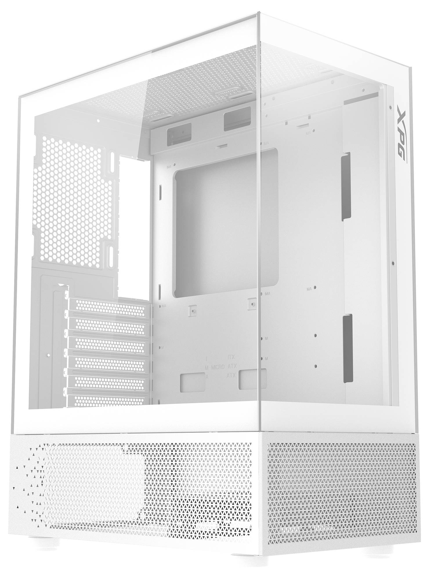 Ein weißes, transparentes Computergehäuse mit belüfteter Front und Seiten. Ideal zum Präsentieren von PC-Komponenten.