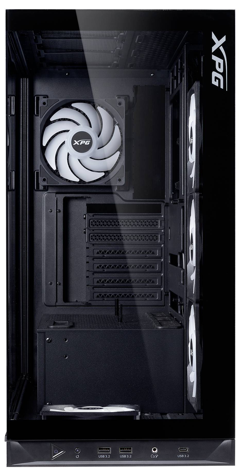 Ein schwarzes PC-Gehäuse mit transparentem Seitenteil zeigt mehrere Lüfter. Unten sind USB-Anschlüsse und ein Power-Knopf.