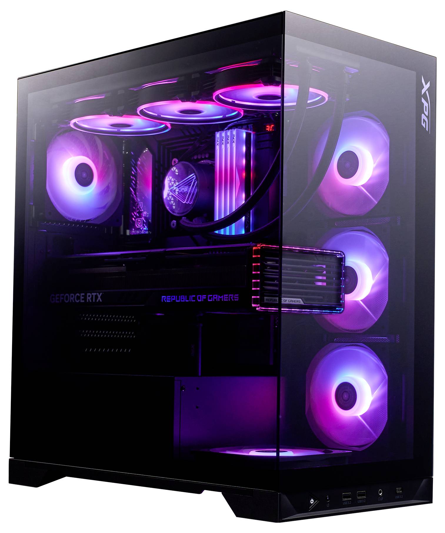 Ein Gaming-PC mit transparentem Gehäuse zeigt leuchtende RGB-Beleuchtung in Lüftern und Komponenten.