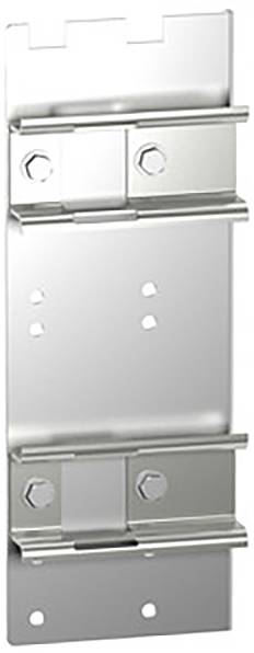 Metallhalterung mit mehreren Löchern und Schraubenaufnahmen zur Montage. Sie besteht aus silbernem Metall mit zwei vertikalen Schienen.