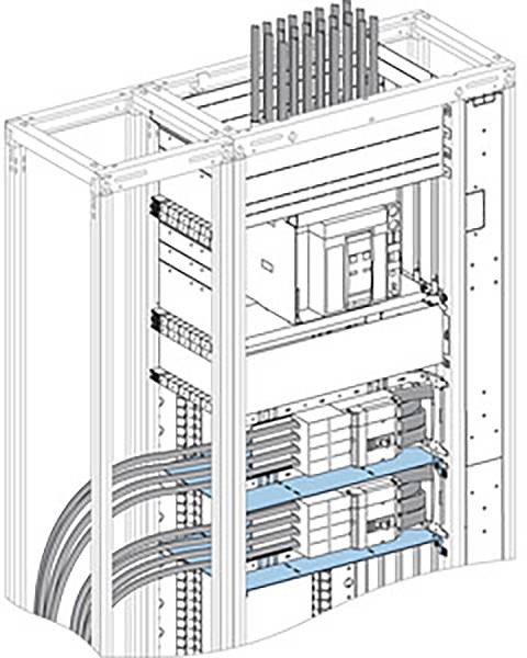 Diagramm eines elektrischen Schaltschrankes, zeigt Kabelverläufe, verschiedene elektronische Komponenten und Anschlüsse, perspektivische Ansicht.
