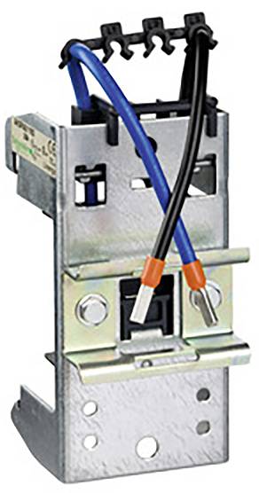 Metallischer Halter mit blauen und schwarzen Kabeln; möglicherweise ein elektrischer Steck-Anschluss oder ein Verbindungselement.