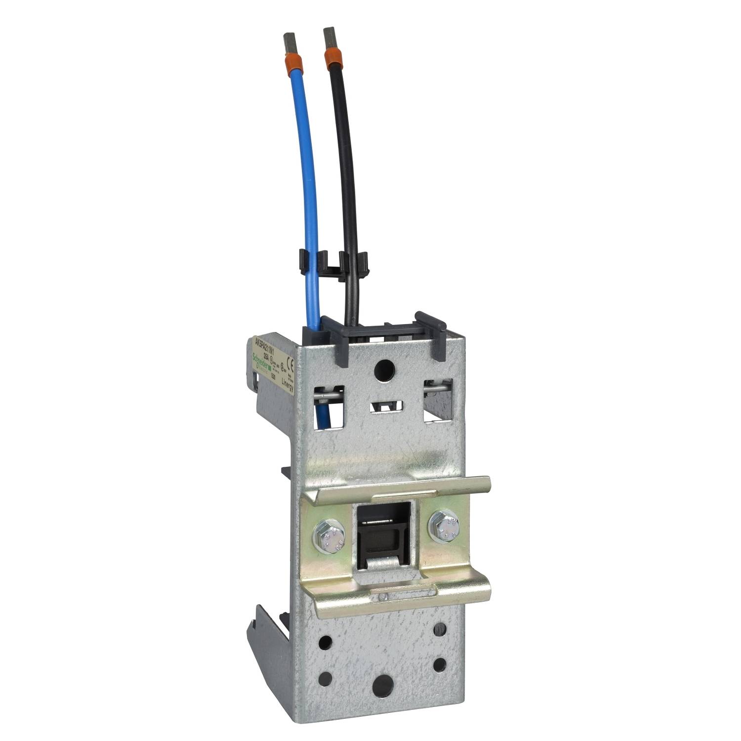 Metallischer Rahmenschalter mit blauen und schwarzen Kabeln, geeignet für elektronische Anwendungen oder mechanische Steuerungen.