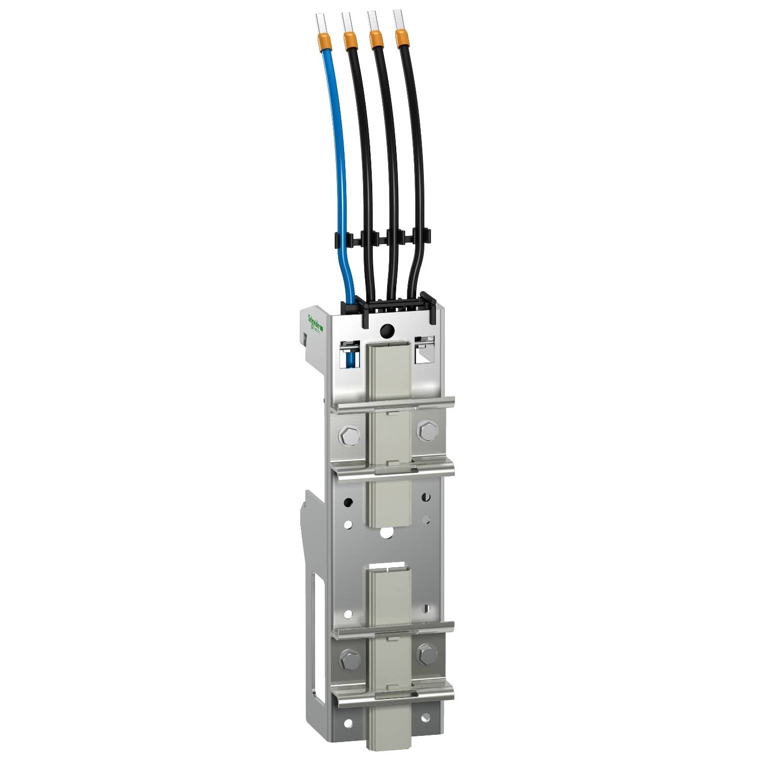 Ein Metallgerät mit vier Kabeln oben, montiert auf einer Halterung. Es wird vermutlich für elektrische Verbindungen verwendet.
