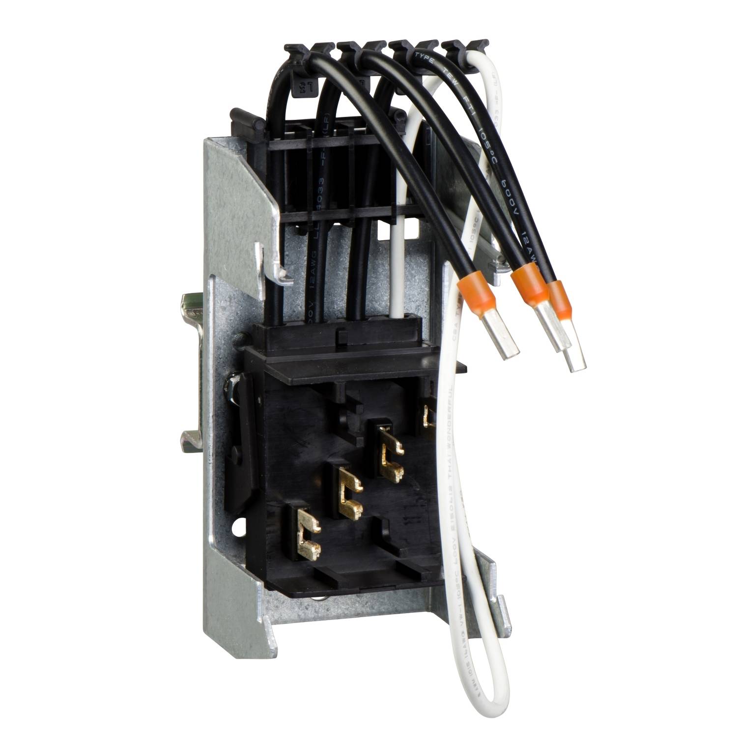 Ein elektrischer Stecker mit mehreren schwarzen und weißen Kabeln, die an Metallkontakte angeschlossen sind.