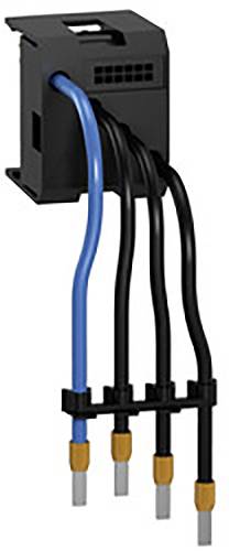 Schwarzer elektrischer Anschlussblock mit vier Kabeln: ein blaues und drei schwarze. Die Kabel sind mit orangefarbenen Enden versehen.