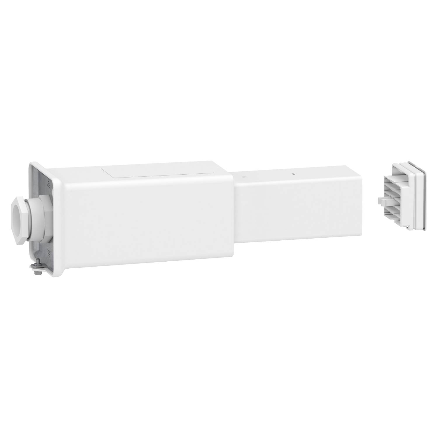 Ein rechteckiges, weißes Gehäuse mit abnehmbarem Teil, vermutlich ein Gehäuse für ein elektronisches Bauteil oder eine Halterung.