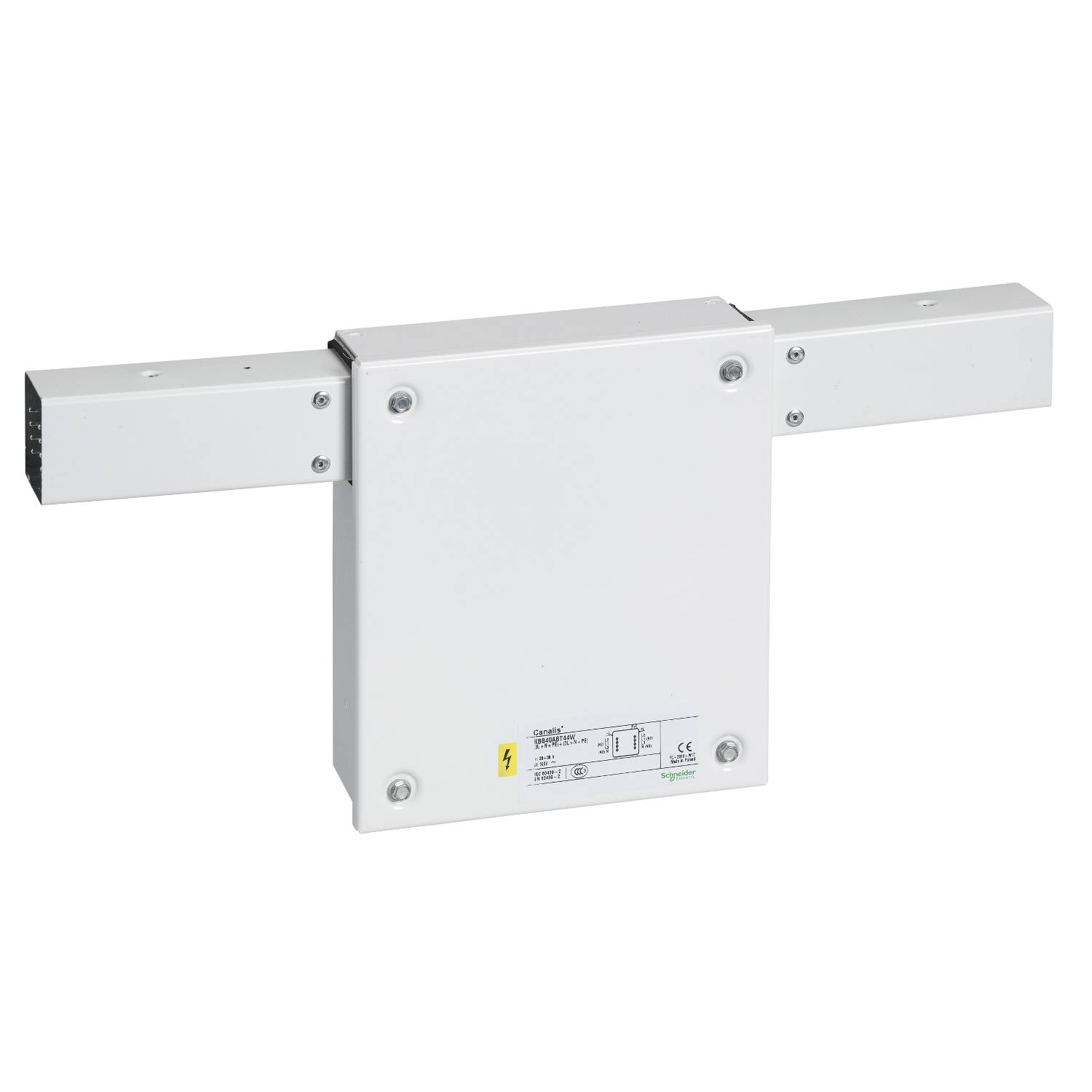Ein weißer Adapter für Stromschienen. Er hat ein rechteckiges Design mit Anschlussstellen an beiden Seiten. Technische Hinweise auf der Vorderseite.