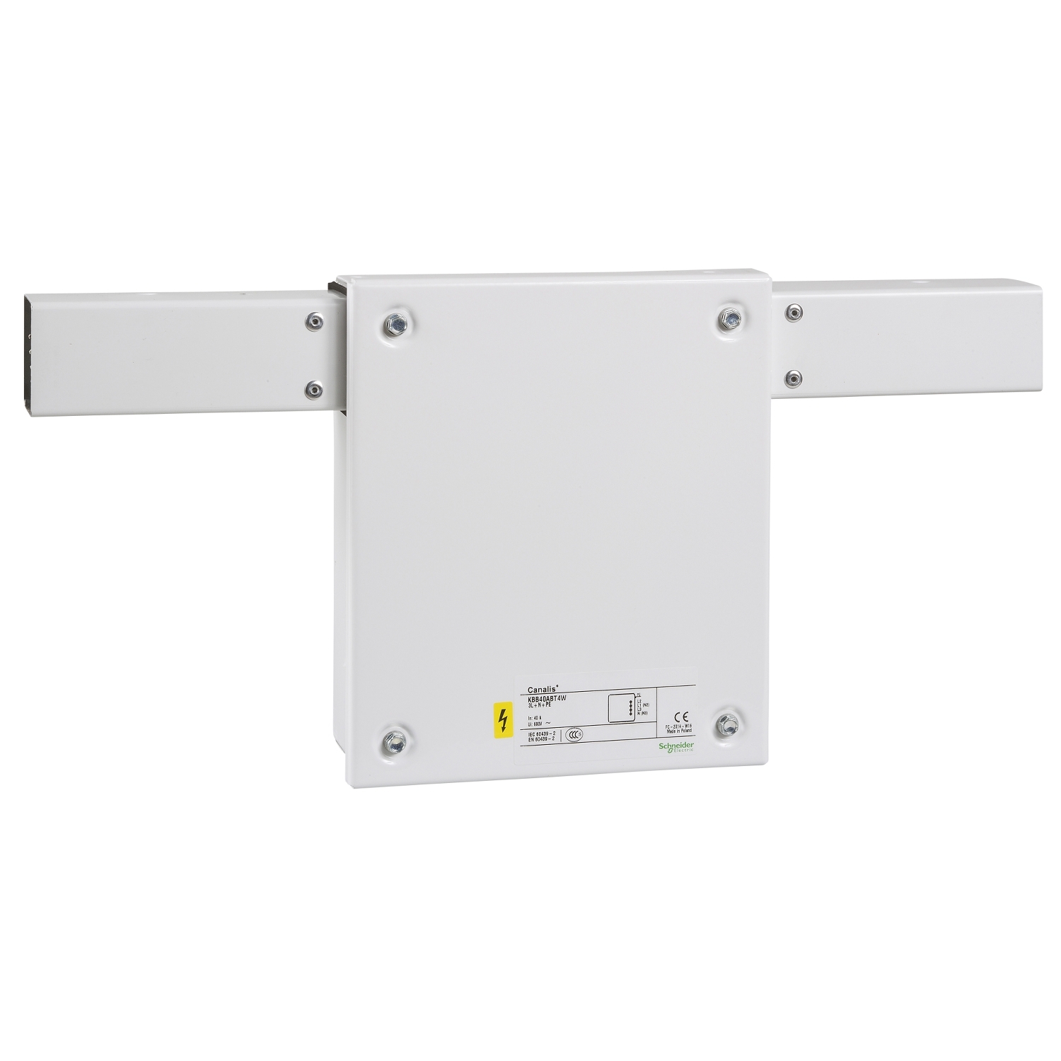 Ein rechteckiges weißes elektrisches Gerät mit Schrauben an den Ecken und zwei seitlichen Anschlüssen. Beschriftungen in der Mitte.