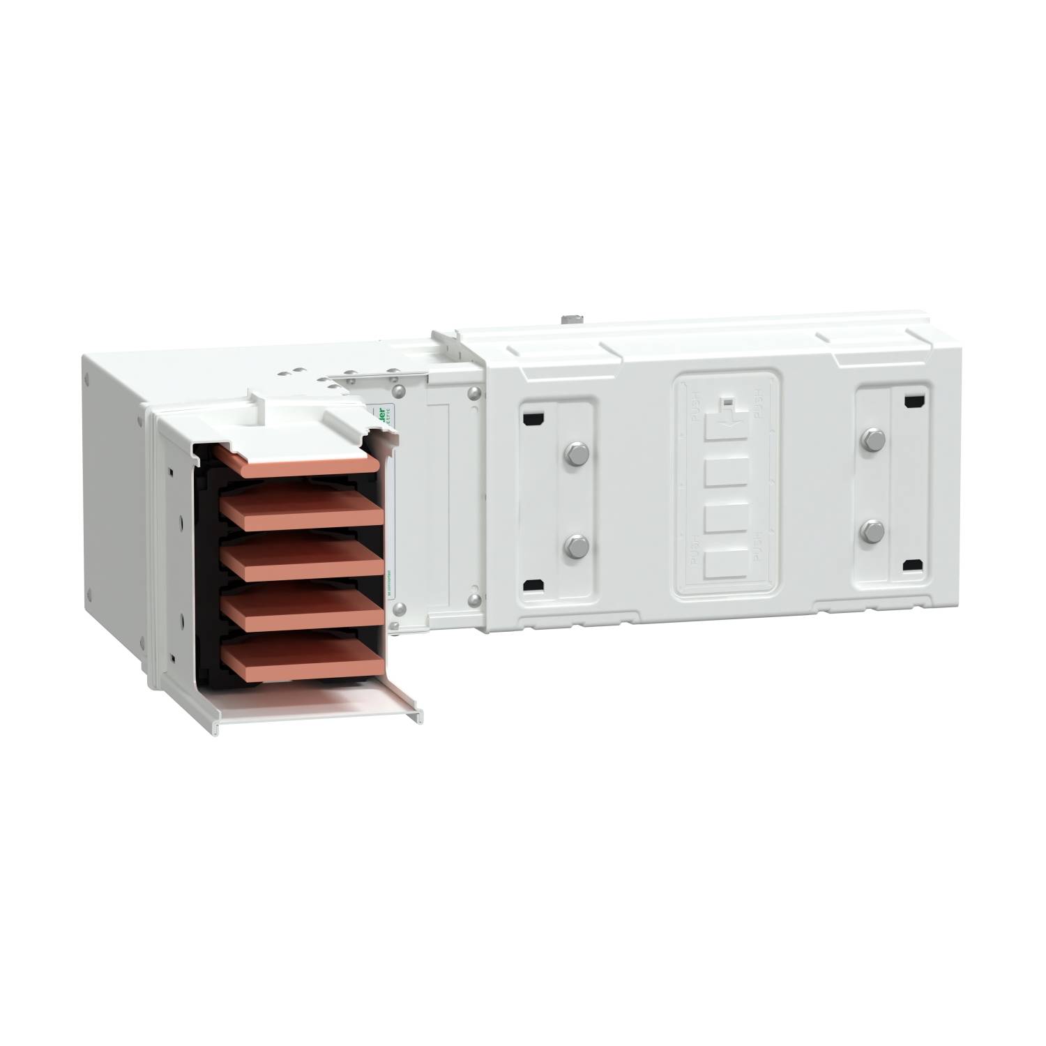 Ein weißes elektrisches Anschlussmodul mit abgedeckten Kupferschienen. Geeignet für Elektroinstallationen und Schaltschrankbau.