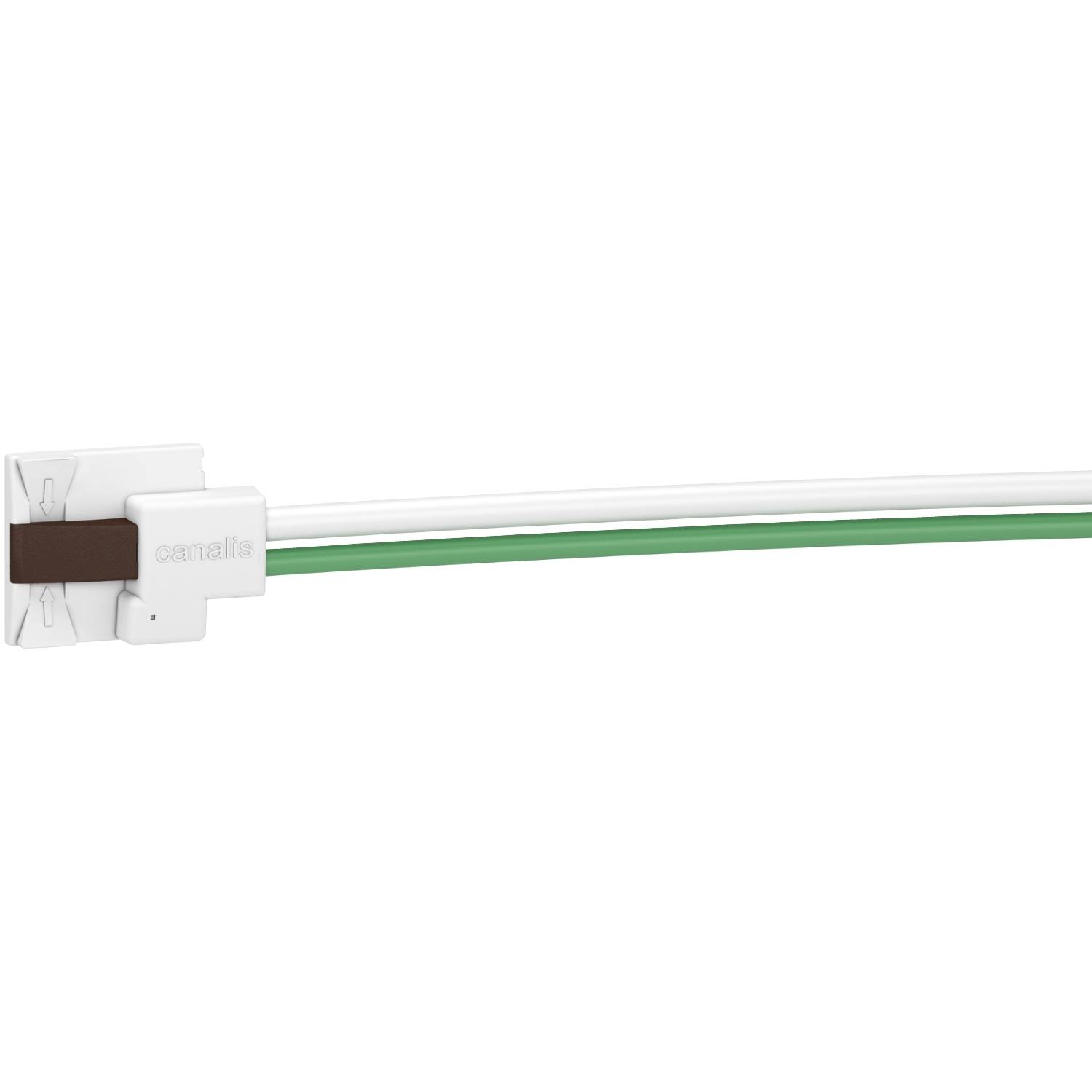 Ein weiß-grünes Kabel mit einer rechteckigen weißen Steckverbindung, auf der 'Canal' steht, erstreckt sich von links nach rechts.