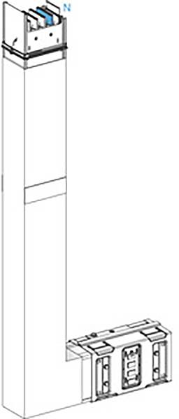 'Dreiphasiger elektrischer Buskanal' mit L-förmigem Design. Oben sind Anschlussklemmen und Etiketten P-Plus, N.