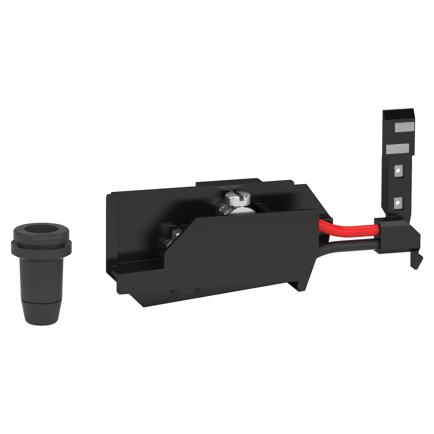 Schwarzer elektrischer Adapter mit abnehmbarer Komponente und zwei herausragenden Drähten, gestaltet für Verbindungszwecke.