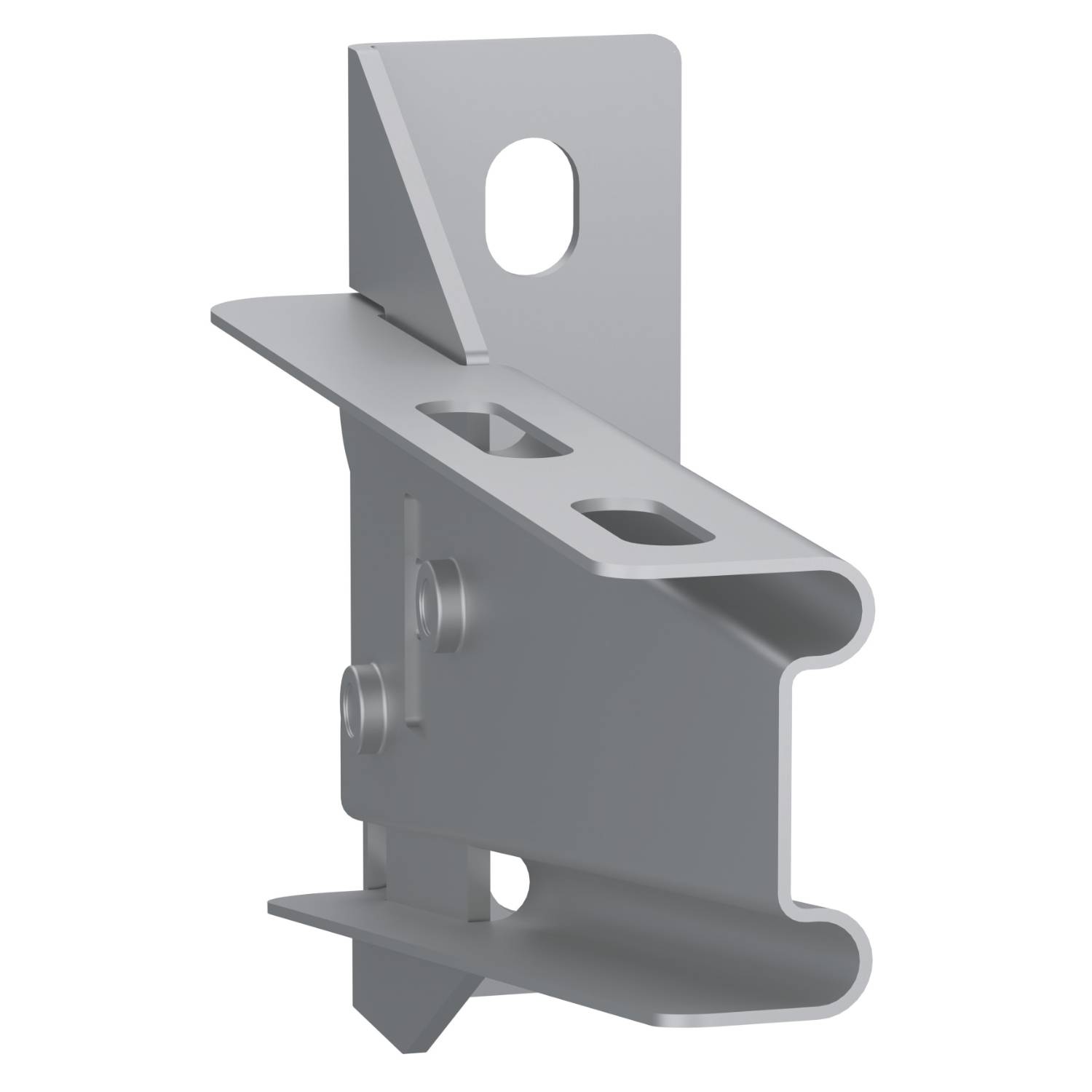 Ein silbernes Metallprofil mit mehreren rechteckigen und runden Aussparungen, dient als Halterung oder Montageelement.