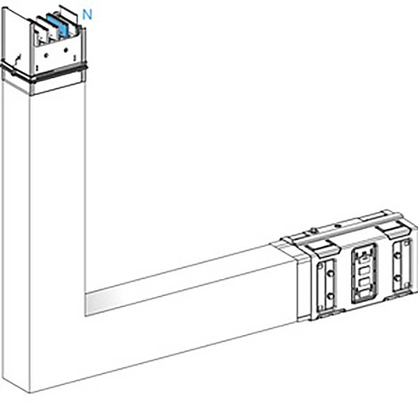Abbildung eines Busbars mit L-förmigem Verlauf. An den Enden sind Buchsen und ein Neutralleiter 'N' zu sehen.
