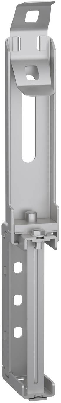 Metallschiene mit mehreren Löchern und Befestigungsmechanismen, verwendet zur Montage oder Befestigung, vertikale Ausrichtung.