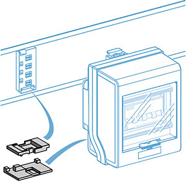 Diagramm, das zeigt, wie ein elektrisches Bauteil an einer Schiene befestigt wird. Es umfasst die Montageschritte und Steckverbindungen.