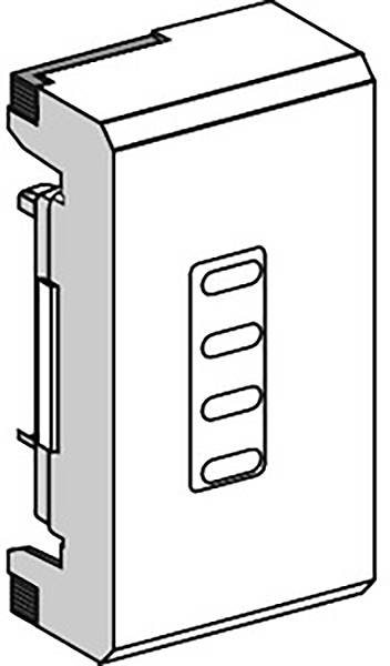 Zeichnung eines rechteckigen elektronischen Bauteils mit mehreren Anschlüssen auf einer Seite.