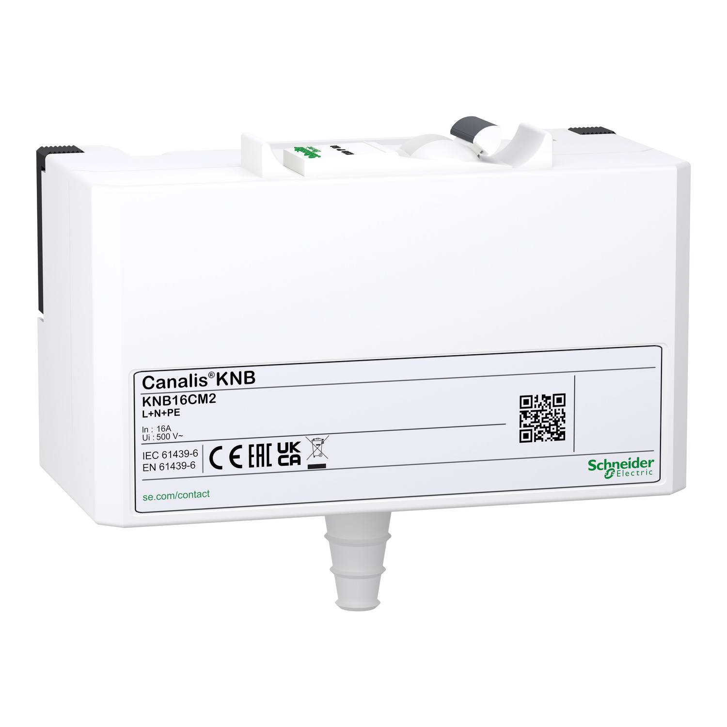 Ein rechteckiges weißes Gerät von Schneider Electric mit einem beschrifteten Etikett, QR-Code und Konformitätssymbolen auf der Vorderseite.